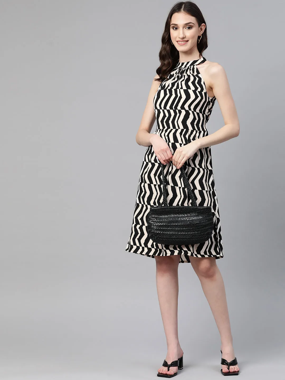 Cottinfab Chevron Print Halter Neck Crepe A-Line Dress With Tie-Ups Detail