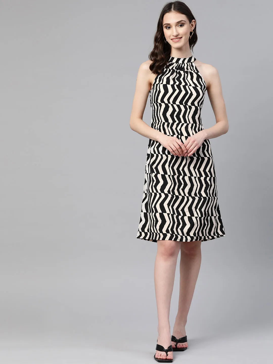 Cottinfab Chevron Print Halter Neck Crepe A-Line Dress With Tie-Ups Detail