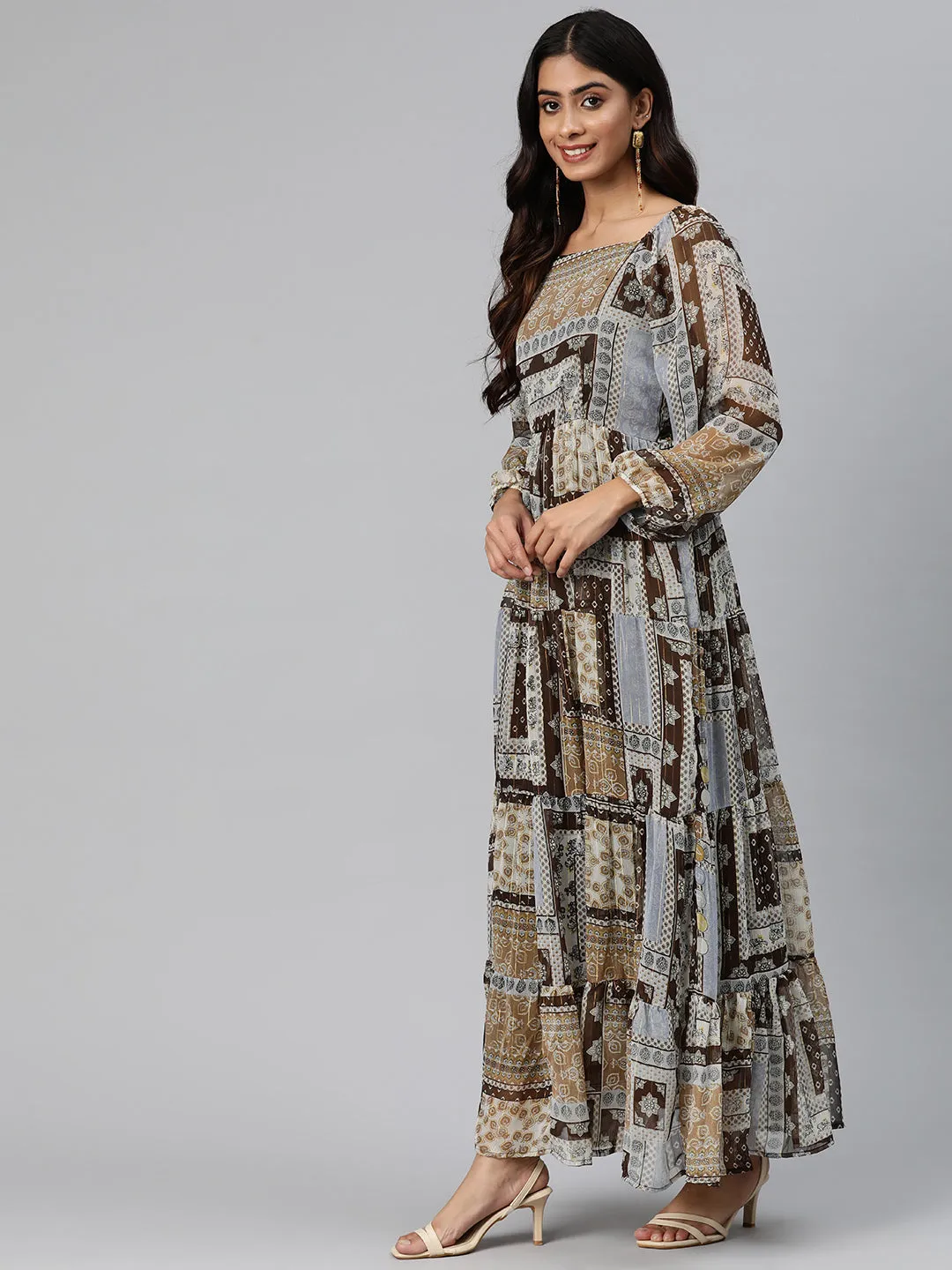 Cottinfab Women Ethnic Printed Puff Sleeved Georgette Maxi Dress