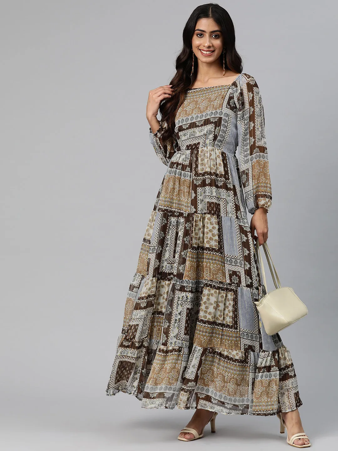 Cottinfab Women Ethnic Printed Puff Sleeved Georgette Maxi Dress