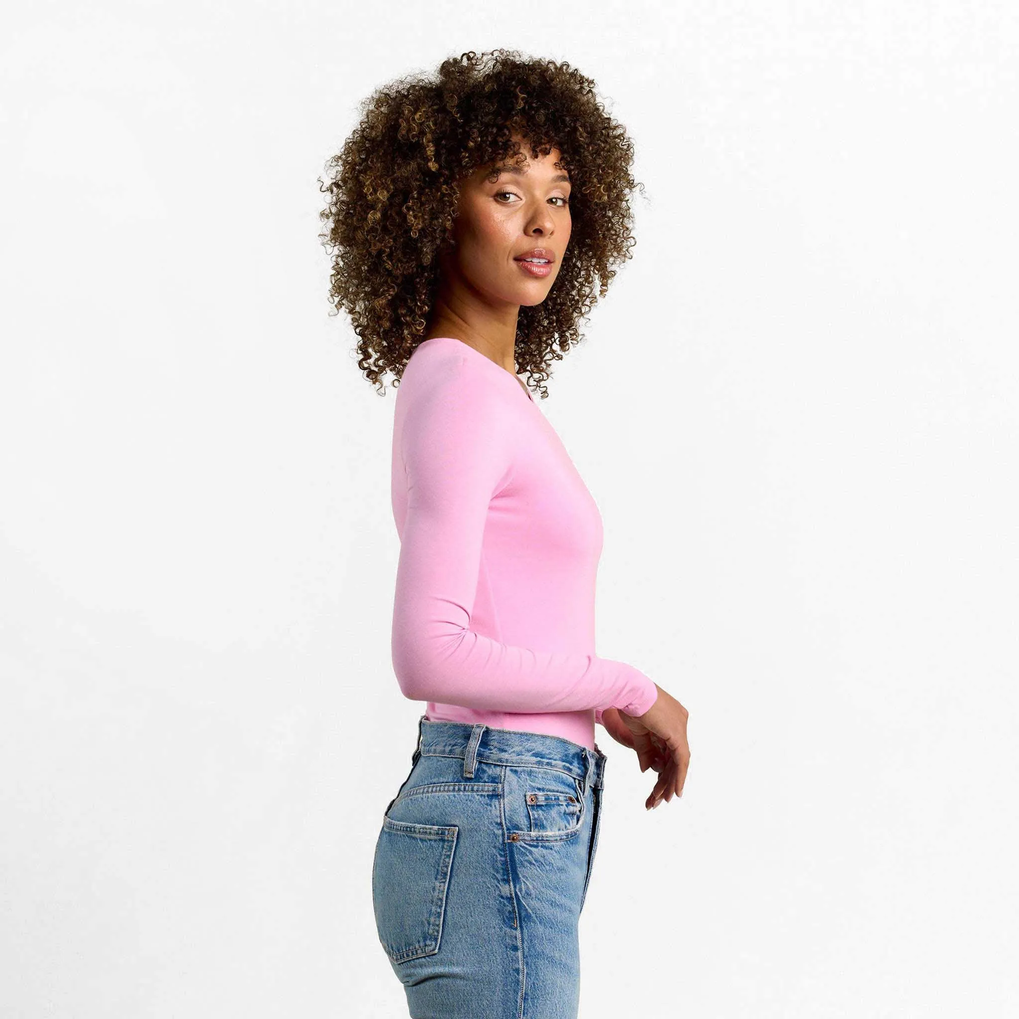 Cotton Stretch Long Sleeve Crewneck Bodysuit | Bubblegum Pink