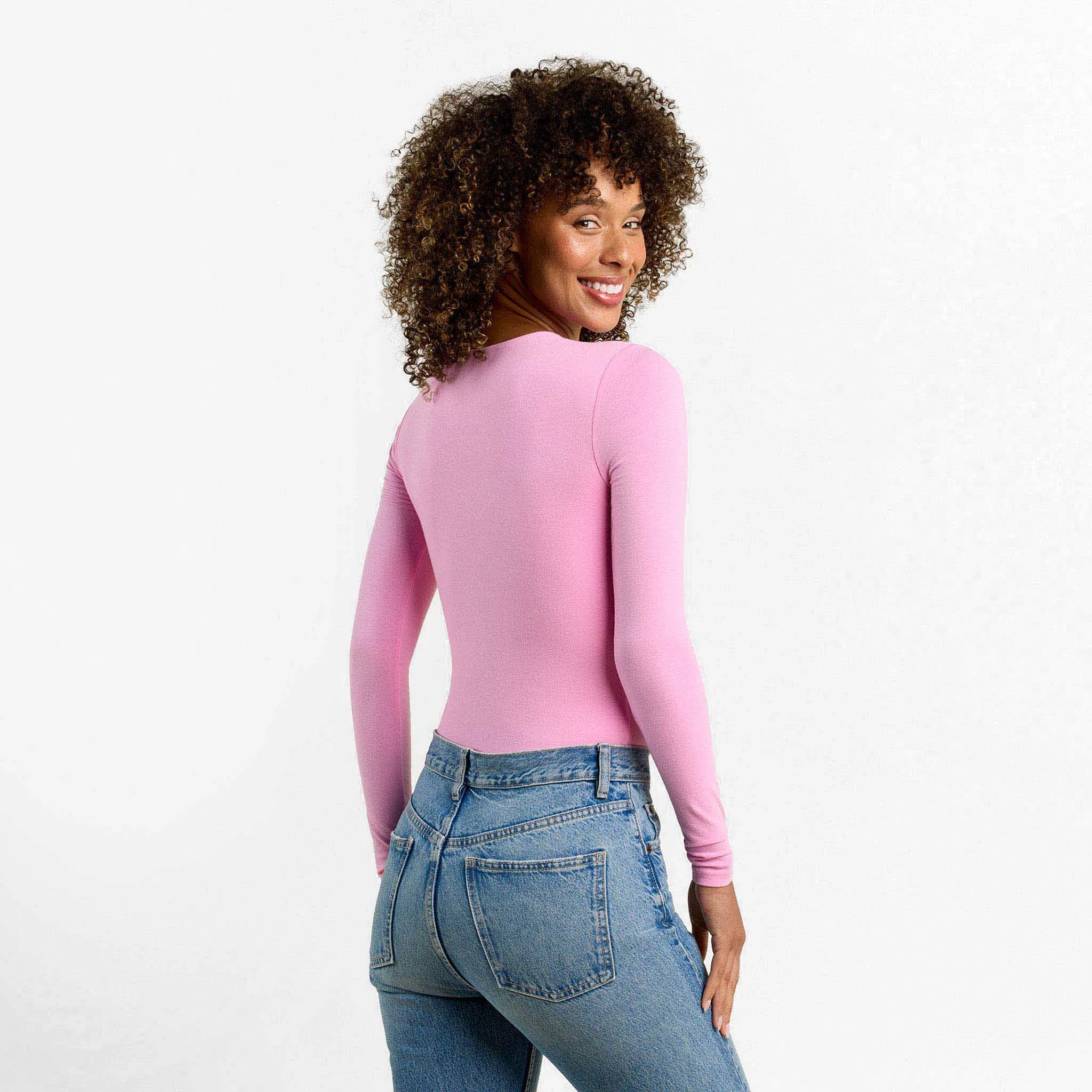 Cotton Stretch Long Sleeve Crewneck Bodysuit | Bubblegum Pink