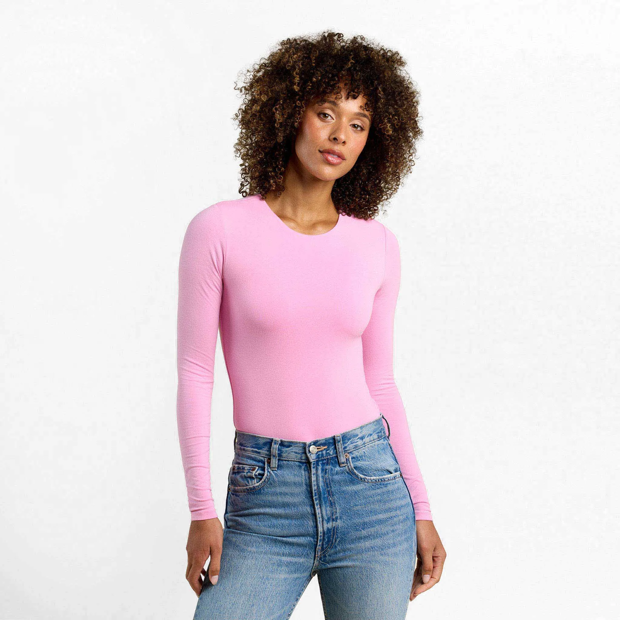 Cotton Stretch Long Sleeve Crewneck Bodysuit | Bubblegum Pink