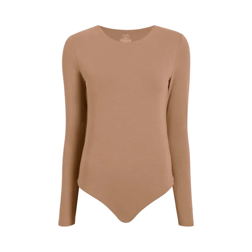 Cotton Stretch Long Sleeve Crewneck Bodysuit | Cinnamon