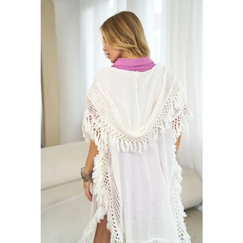 Crochet Fringed Hoody Poncho