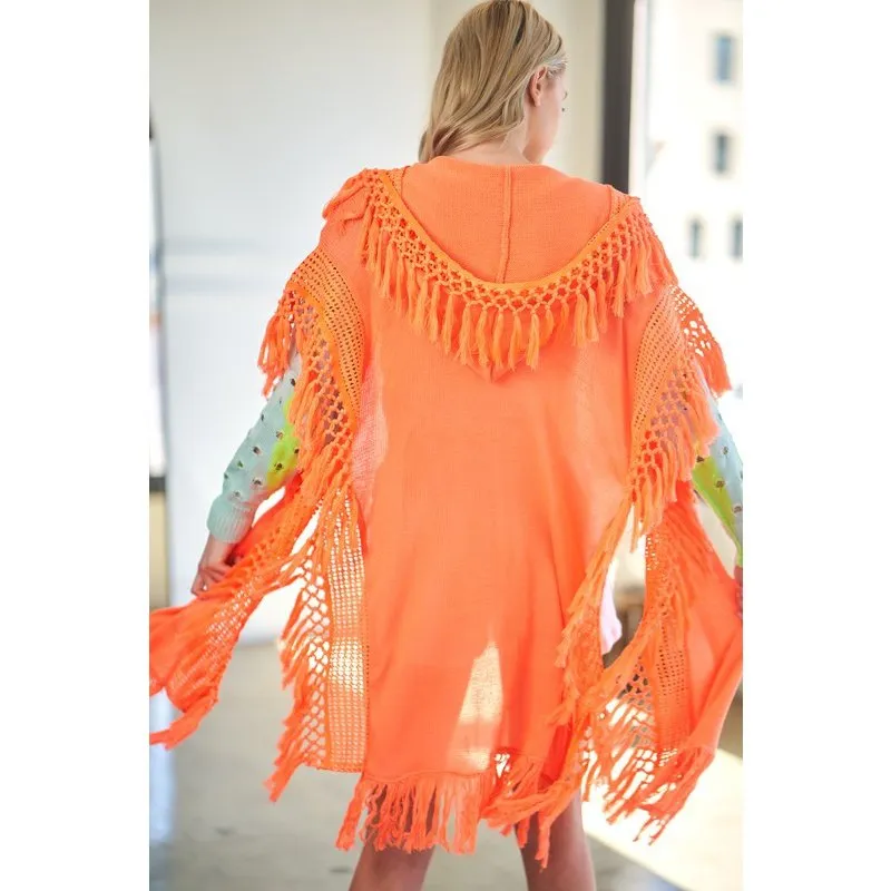 Crochet Fringed Hoody Poncho