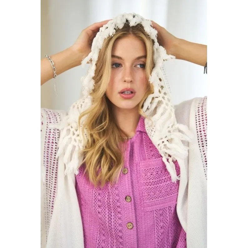 Crochet Fringed Hoody Poncho