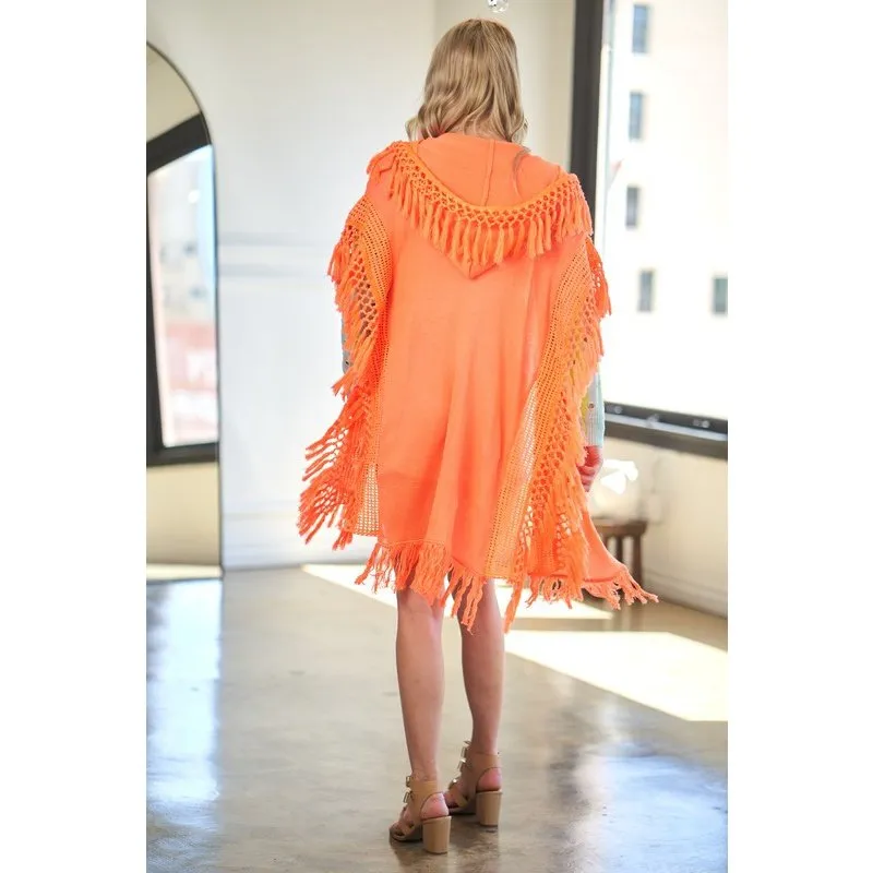 Crochet Fringed Hoody Poncho