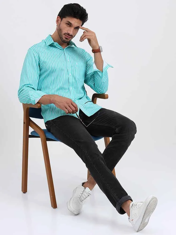 Cyan Stripe Printed Full Sleeve Shirt