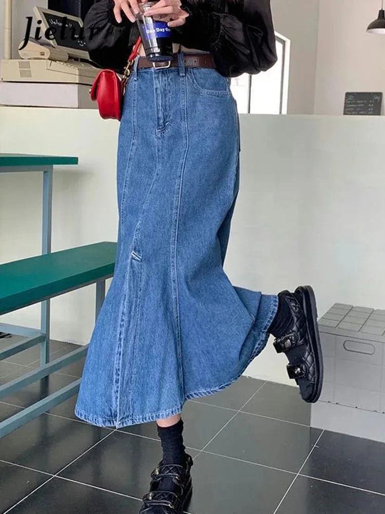 Dark Blue Split Denim Long Skirt Women Spring High Waist Fishtail Skirts Female Korean All-Match Slim Midi Skirts Ladies