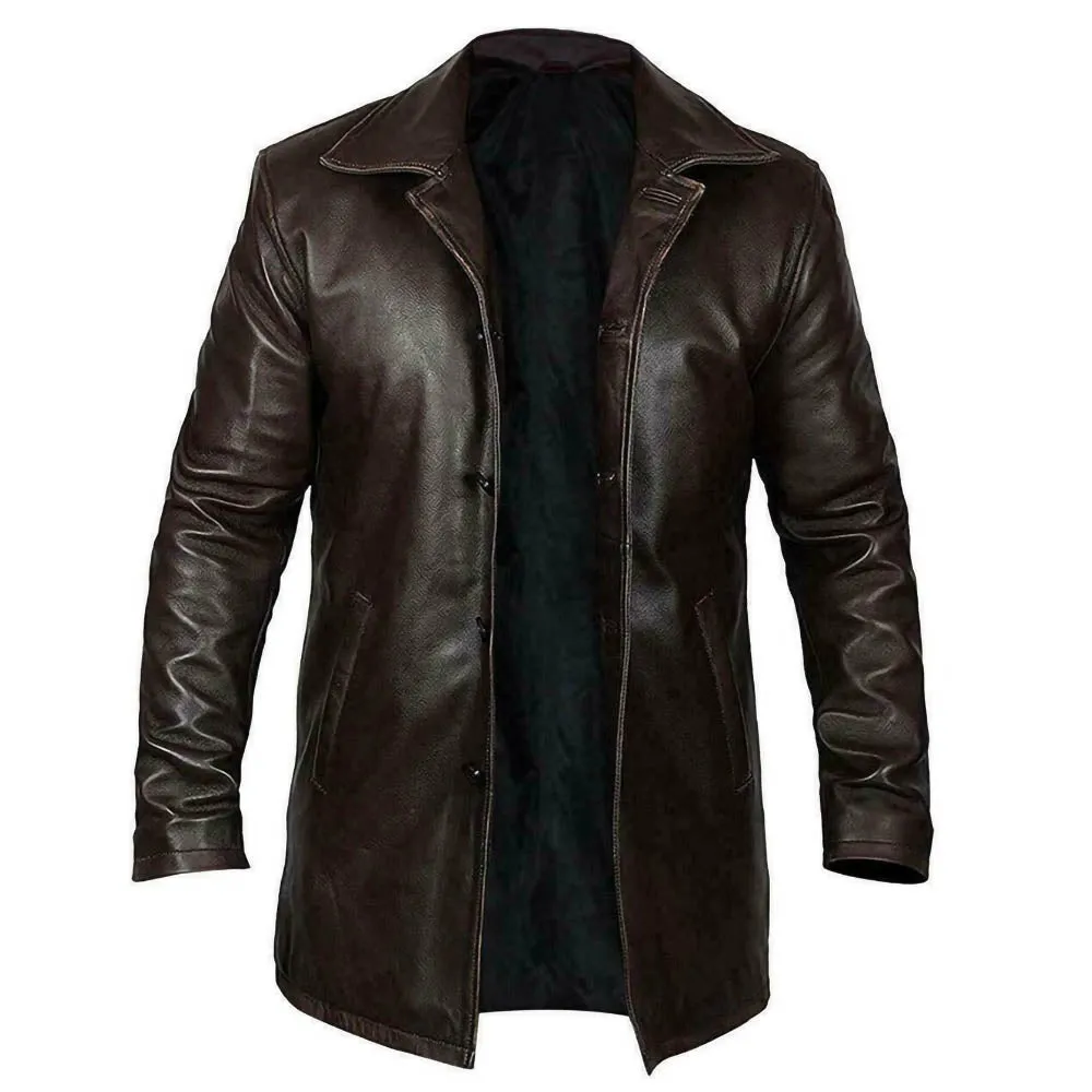 Dark Brown 5 Button Mens Long Trench Coat Real Leather Jacket