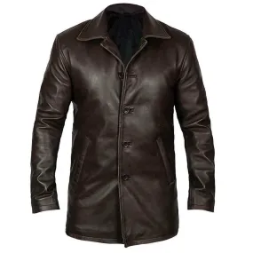 Dark Brown 5 Button Mens Long Trench Coat Real Leather Jacket