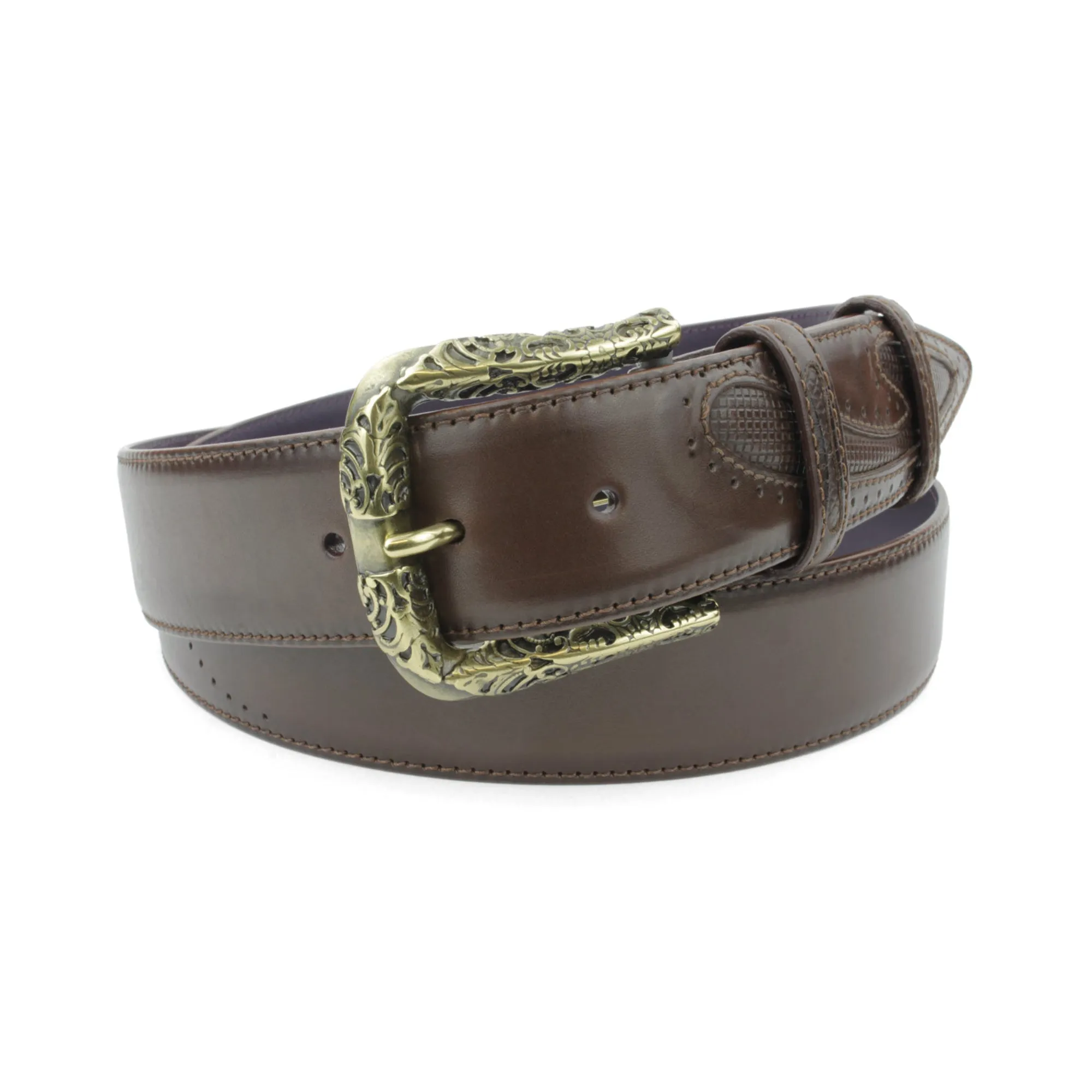 Deep Choc 'Silverado' Burnished Fretwork Prong Belt