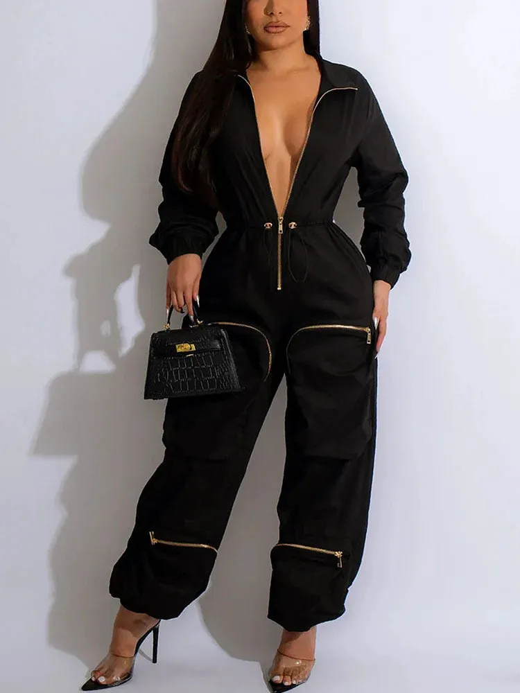 Deep V Zipper Drawstring Pocket Jumpsuit