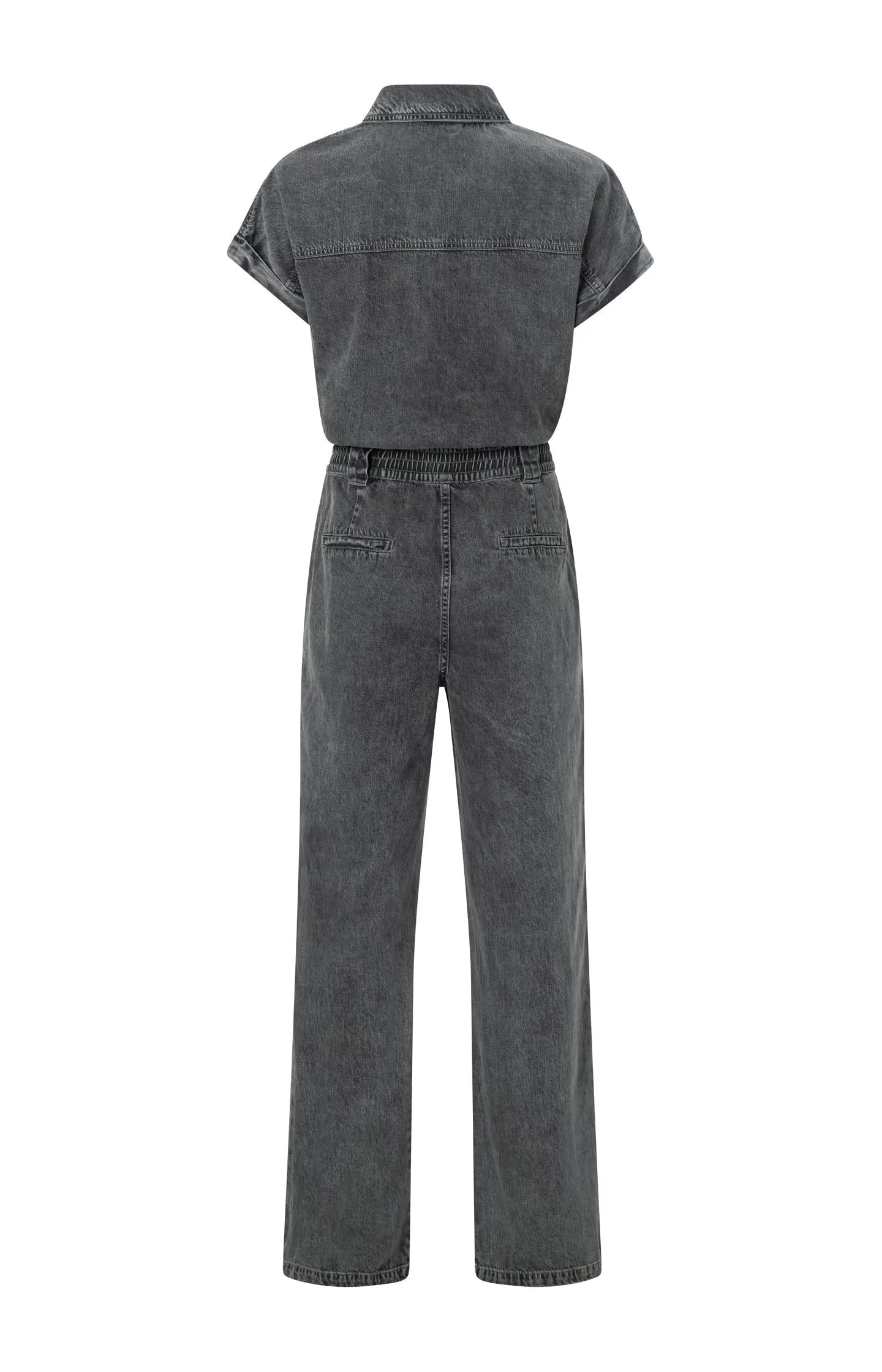 Denim jumpsuit with short sleeves, wide legs and zipper