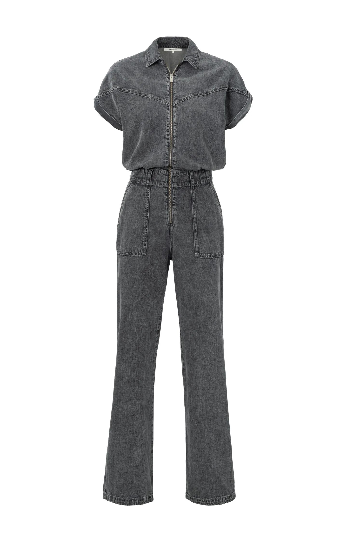 Denim jumpsuit with short sleeves, wide legs and zipper