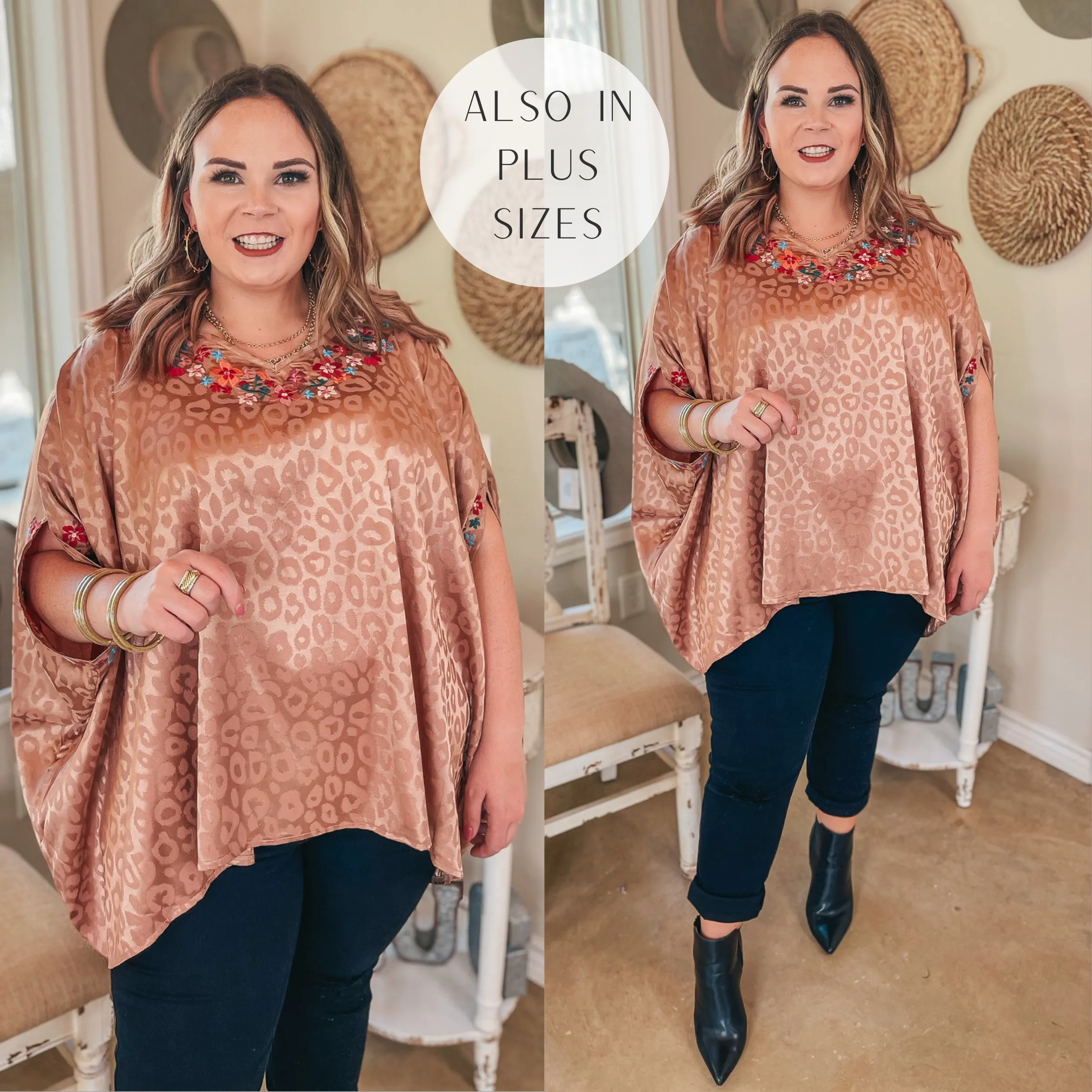 Destination Dreaming Metallic Leopard Poncho Top with Multicolor Embroidered Trim in Copper