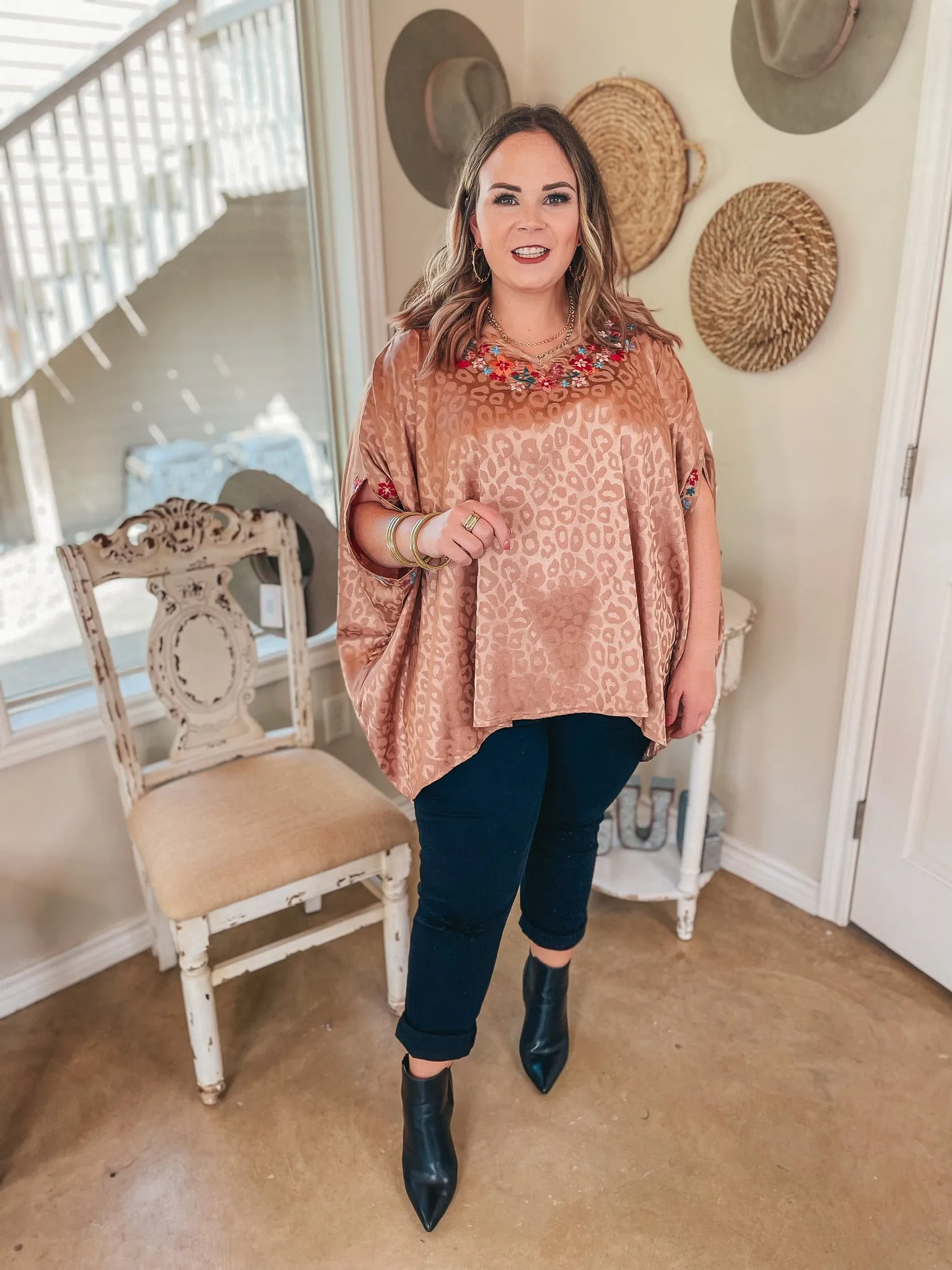 Destination Dreaming Metallic Leopard Poncho Top with Multicolor Embroidered Trim in Copper