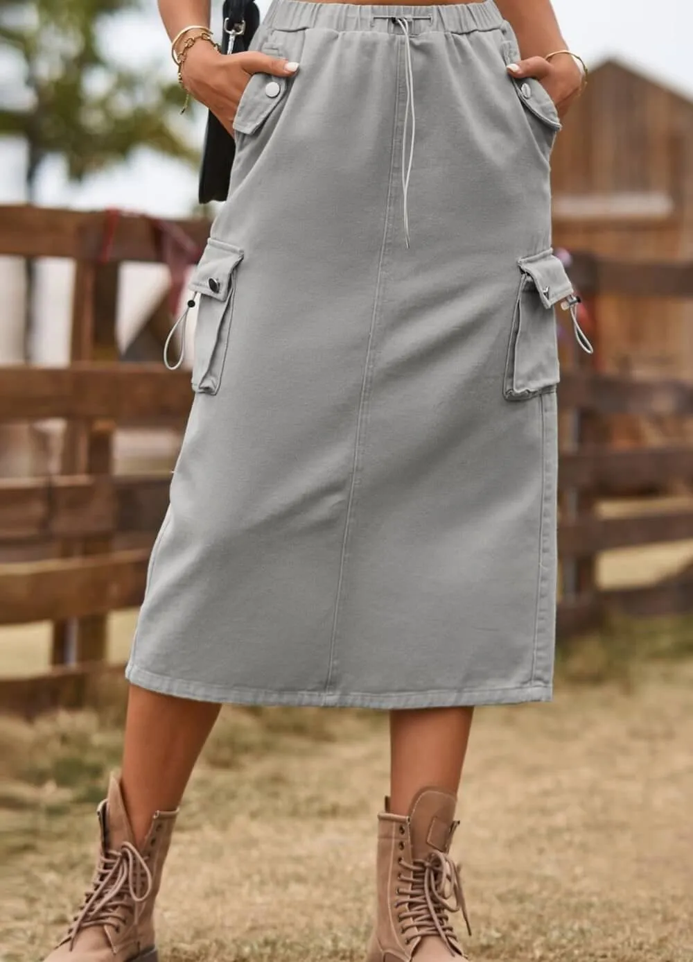 Drawstring Waist Slit Denim Skirt