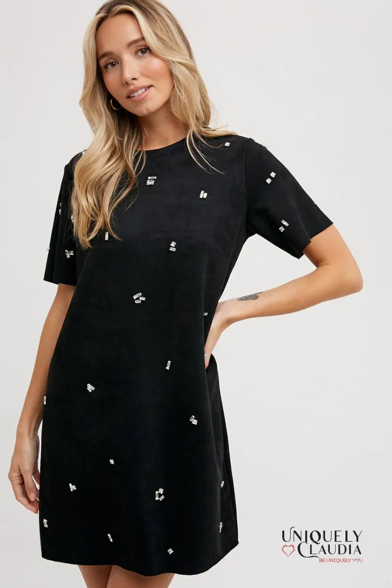 Elle Rhinestone Embellished Suede Shift Mini Dress