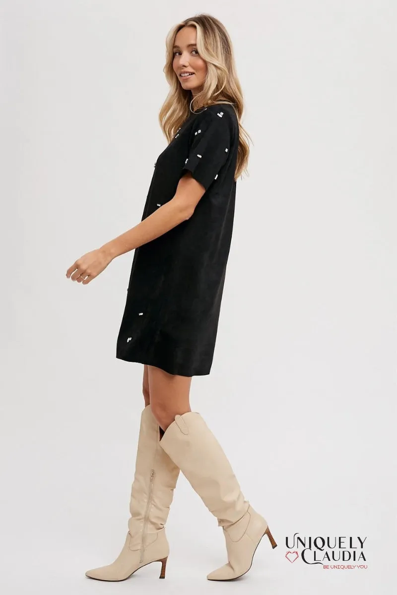 Elle Rhinestone Embellished Suede Shift Mini Dress