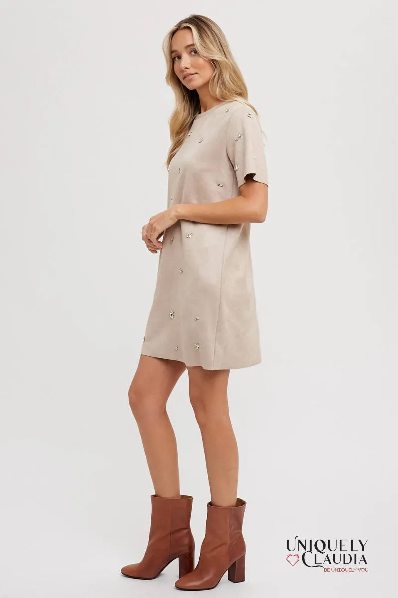 Elle Rhinestone Embellished Suede Shift Mini Dress