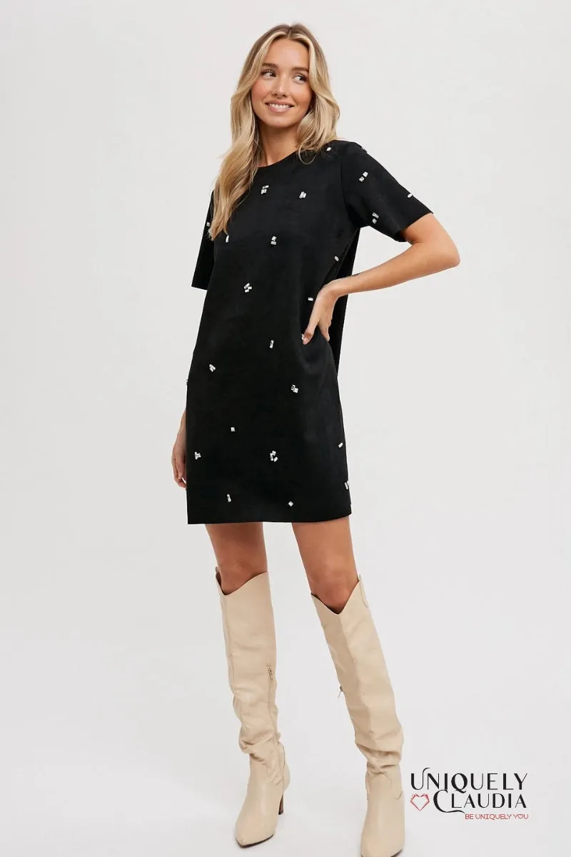 Elle Rhinestone Embellished Suede Shift Mini Dress