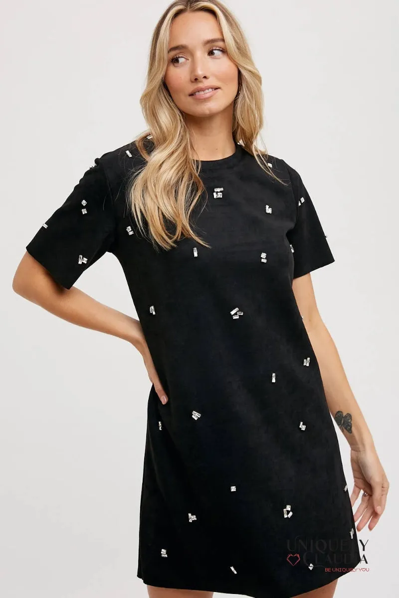 Elle Rhinestone Embellished Suede Shift Mini Dress