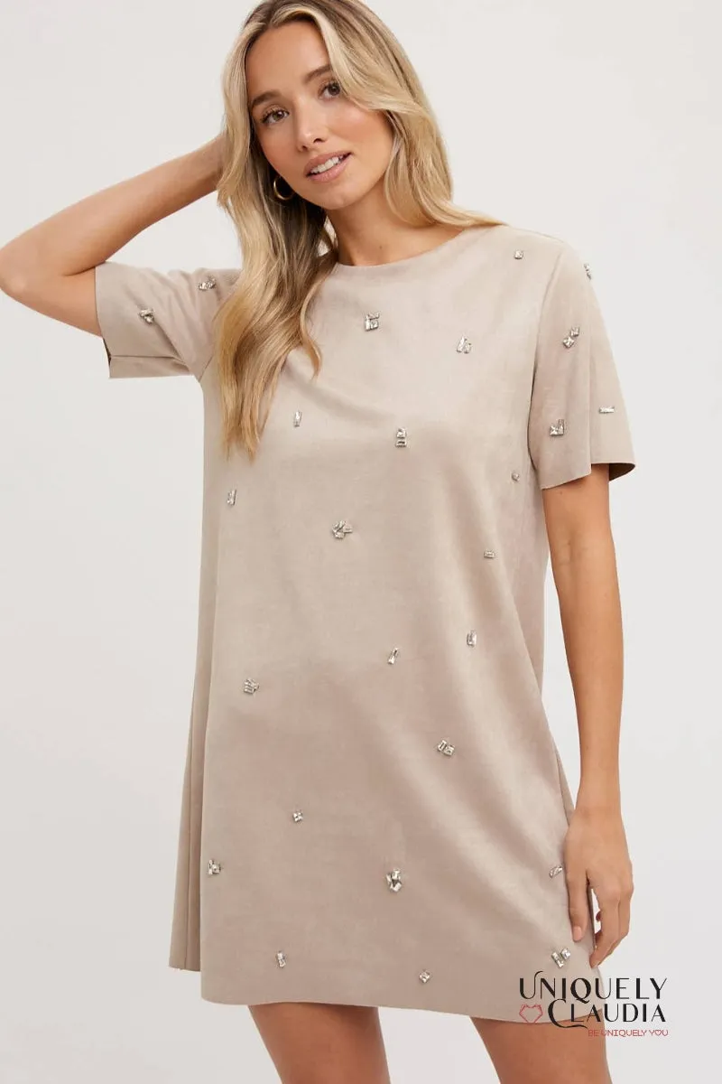 Elle Rhinestone Embellished Suede Shift Mini Dress