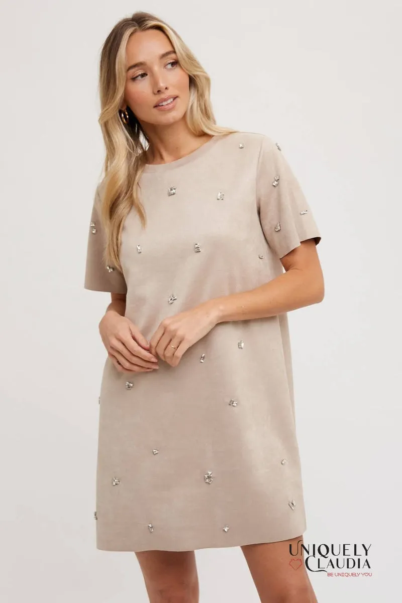 Elle Rhinestone Embellished Suede Shift Mini Dress