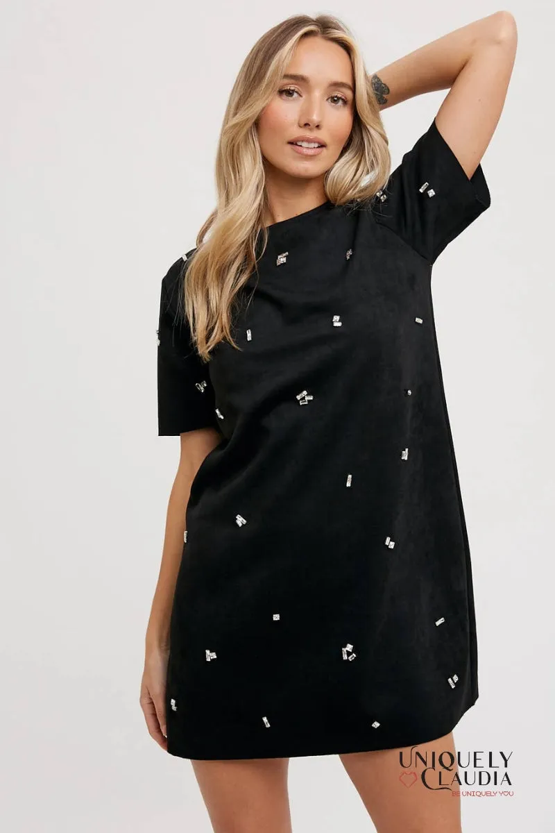 Elle Rhinestone Embellished Suede Shift Mini Dress