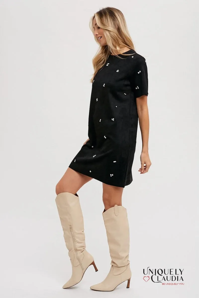 Elle Rhinestone Embellished Suede Shift Mini Dress