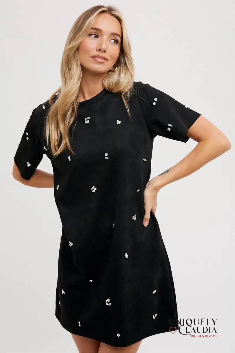 Elle Rhinestone Embellished Suede Shift Mini Dress