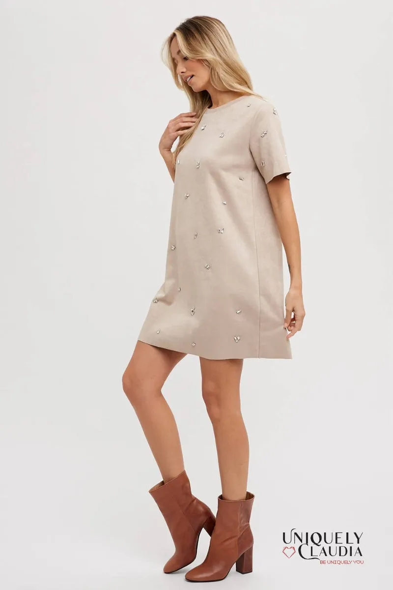 Elle Rhinestone Embellished Suede Shift Mini Dress