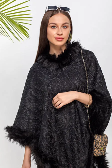 Embroidered Faux Fur Cashmere Poncho