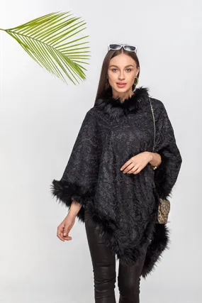 Embroidered Faux Fur Cashmere Poncho