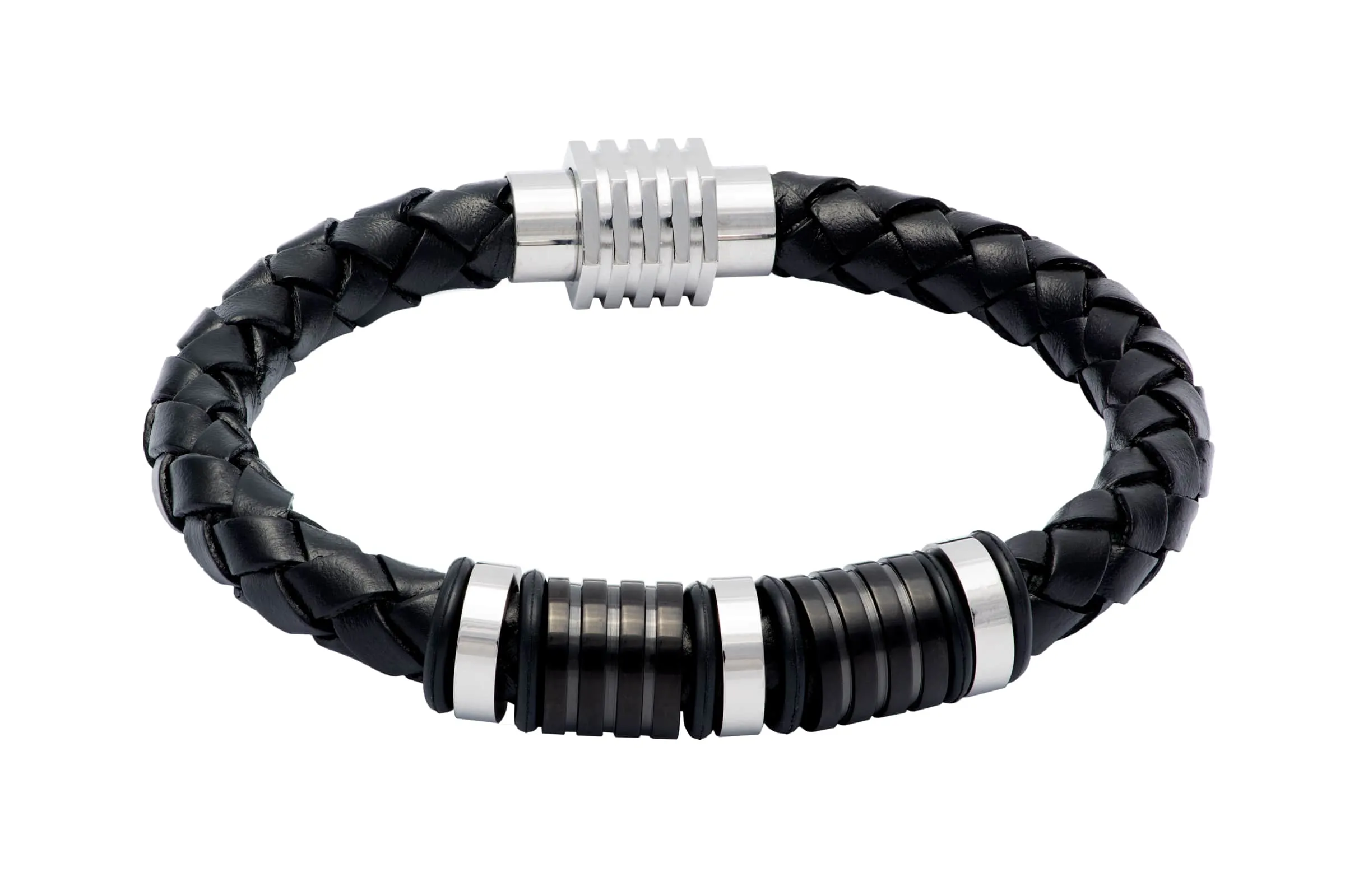 Encinitas Black Leather Stainless Steel Bracelet