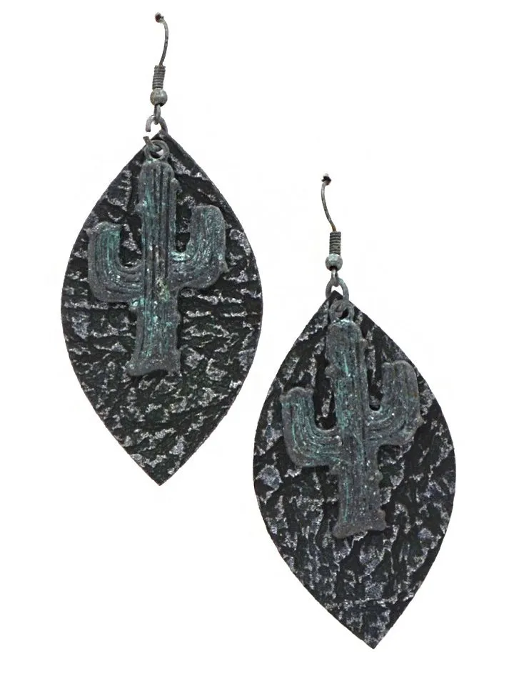 ERZ180905 10-16 Leaf Shape Leather-Rippled Texture Earring with Cactus