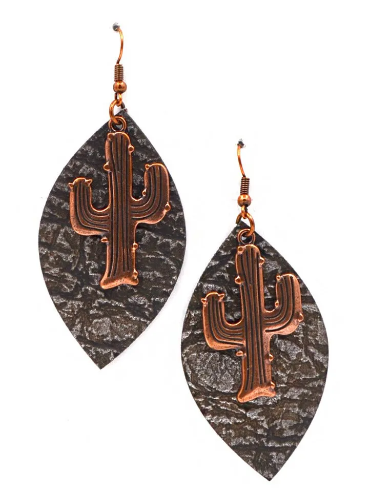 ERZ180905 10-16 Leaf Shape Leather-Rippled Texture Earring with Cactus