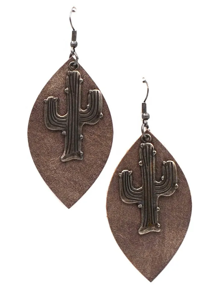 ERZ180905 10-16 Leaf Shape Leather-Rippled Texture Earring with Cactus