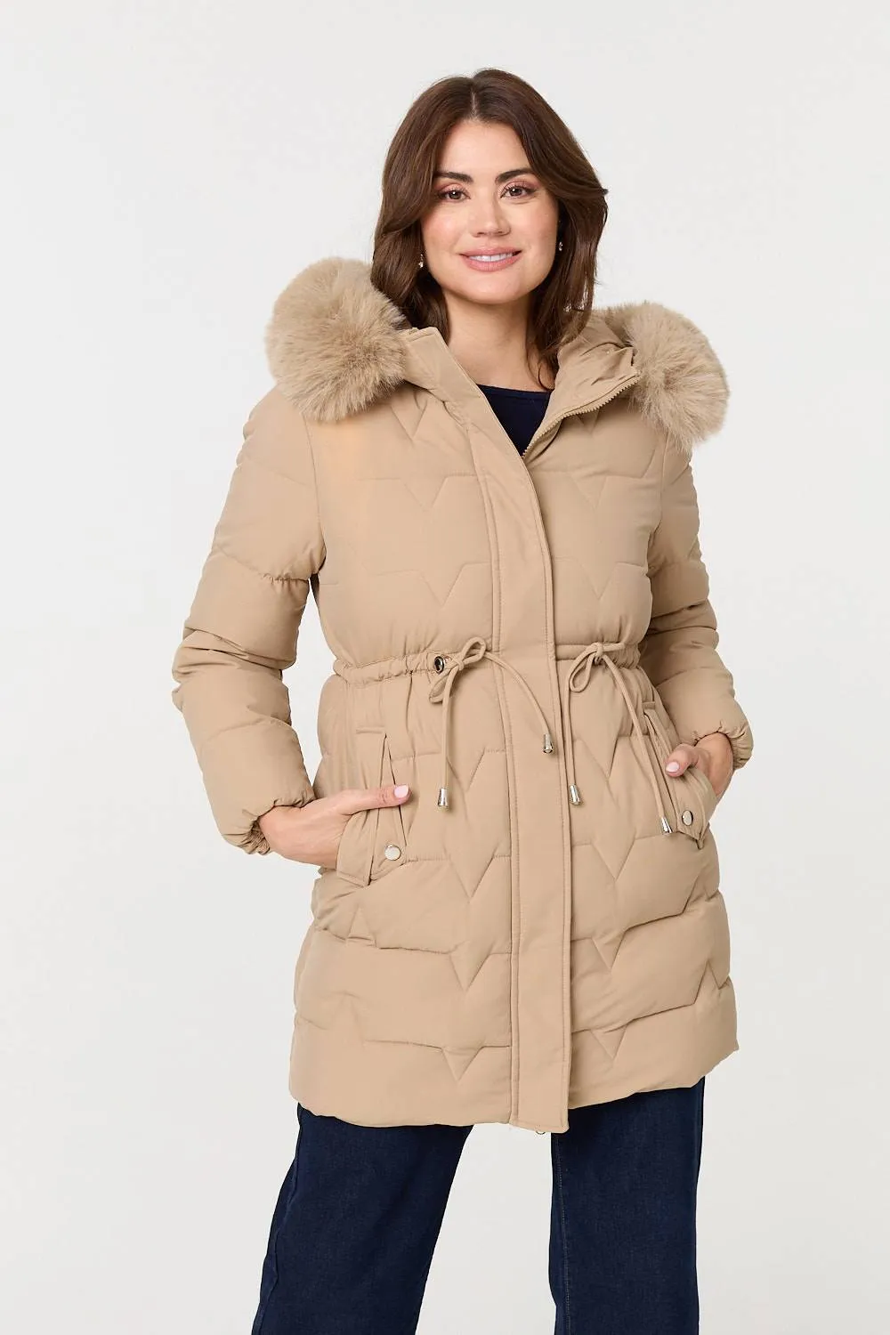 Faux Fur Hooded Tie Waist Puffer Jacket