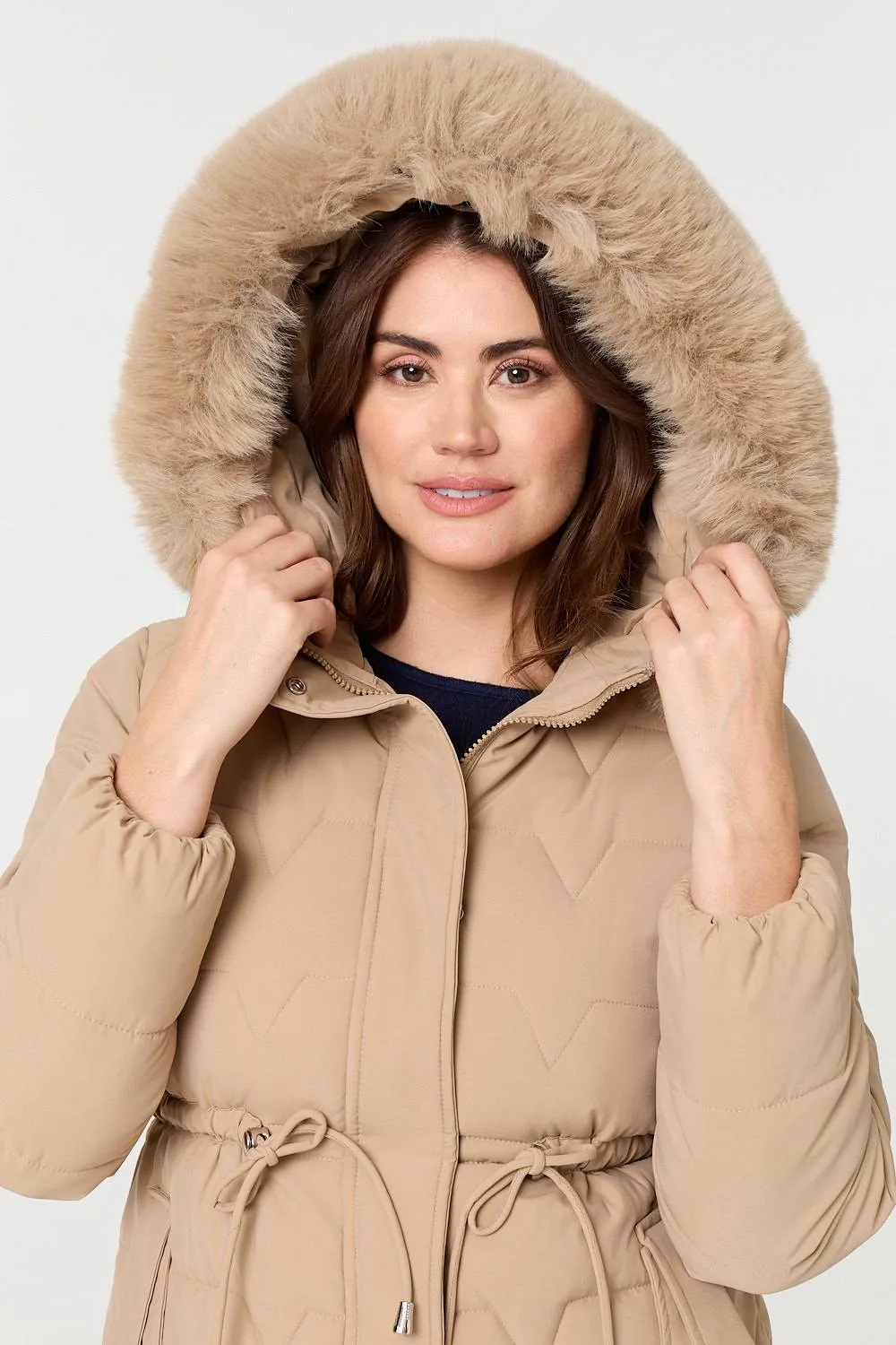 Faux Fur Hooded Tie Waist Puffer Jacket