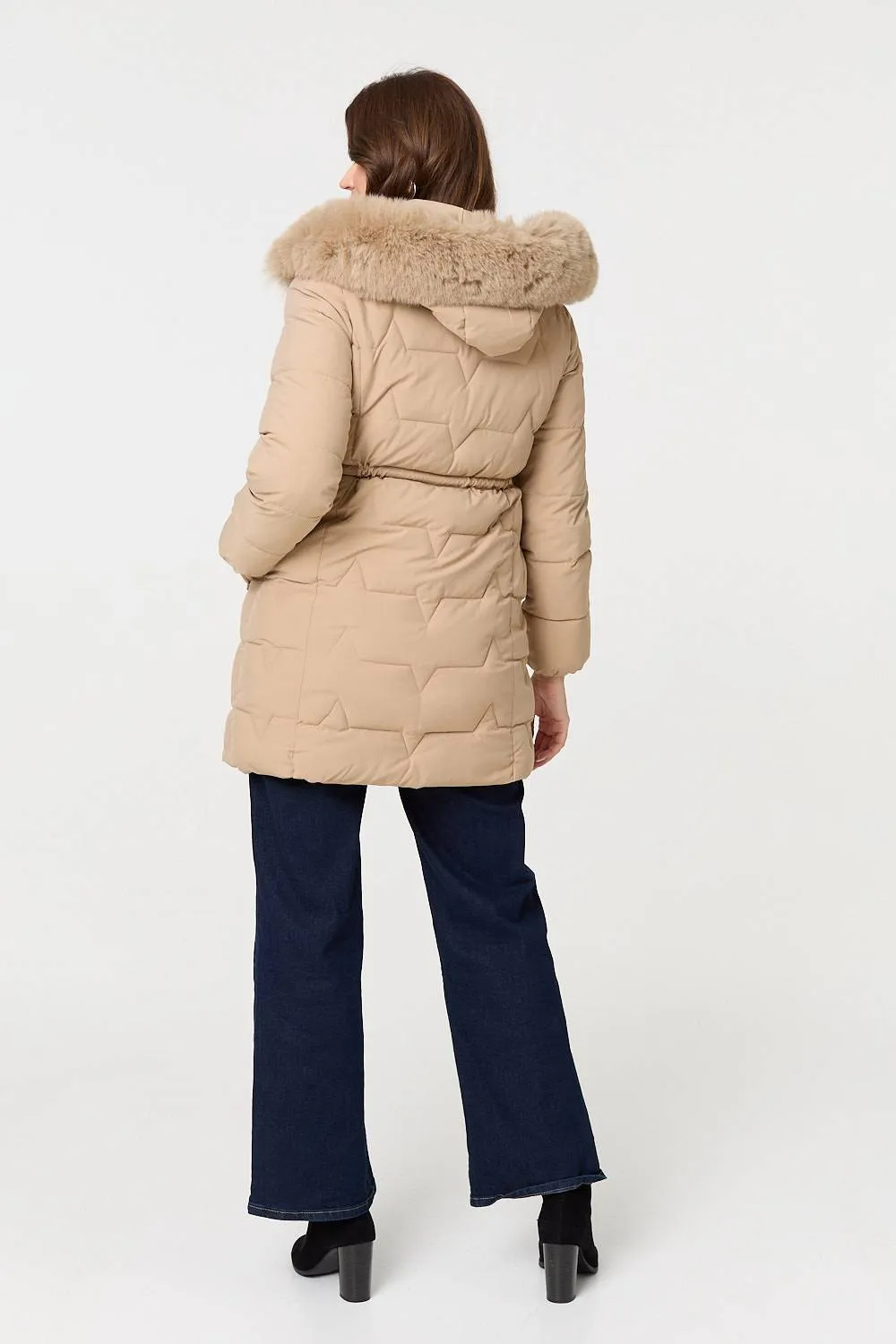 Faux Fur Hooded Tie Waist Puffer Jacket