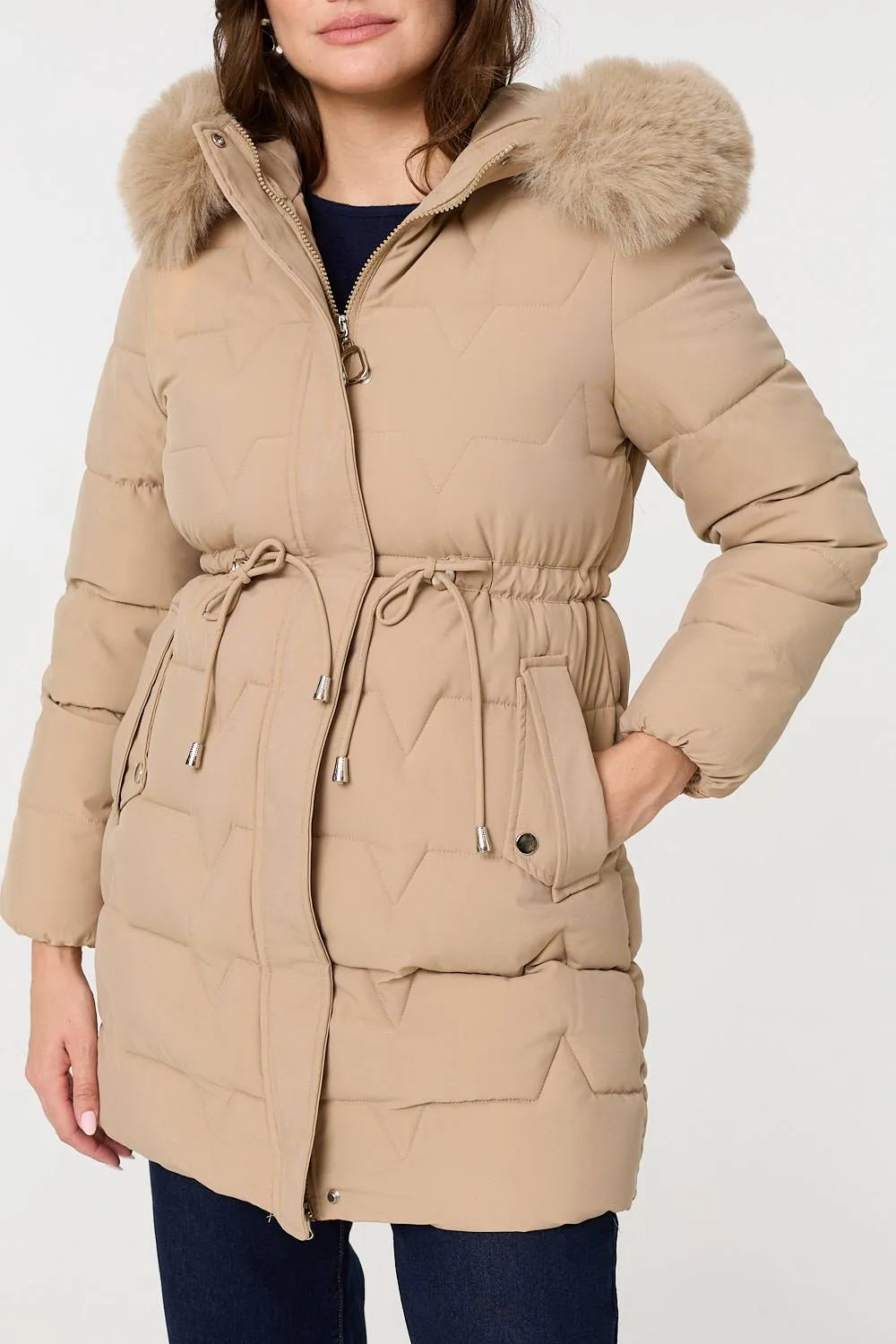 Faux Fur Hooded Tie Waist Puffer Jacket