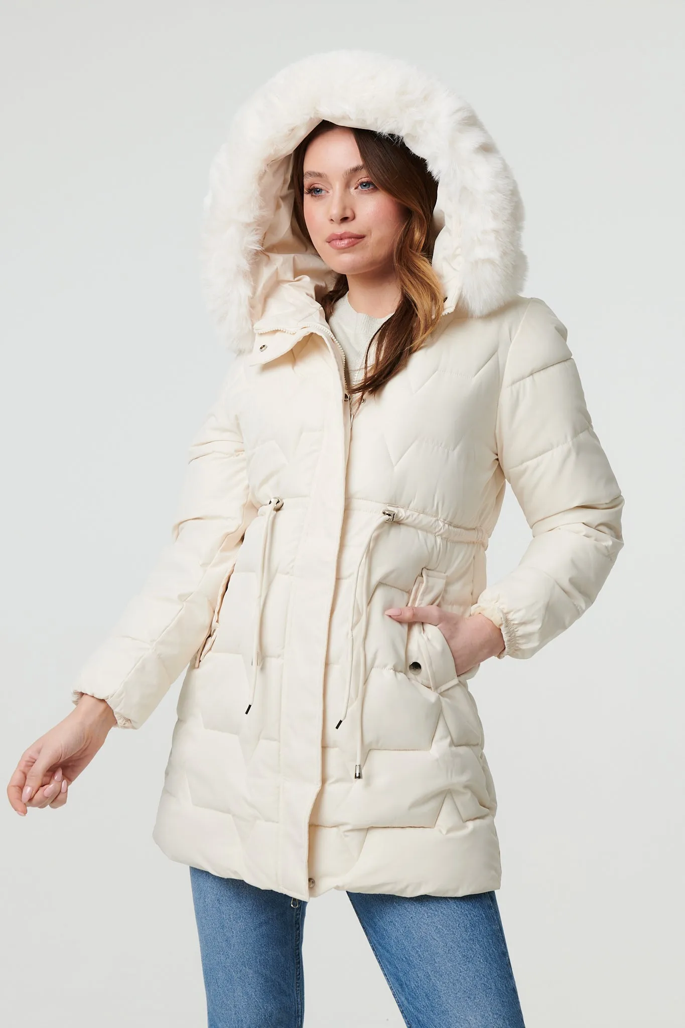 Faux Fur Hooded Tie Waist Puffer Jacket