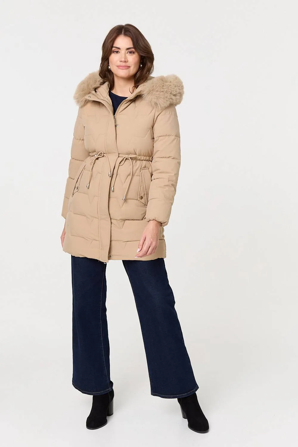 Faux Fur Hooded Tie Waist Puffer Jacket