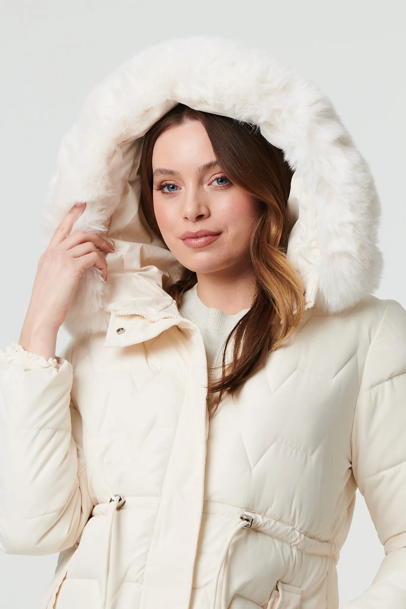 Faux Fur Hooded Tie Waist Puffer Jacket