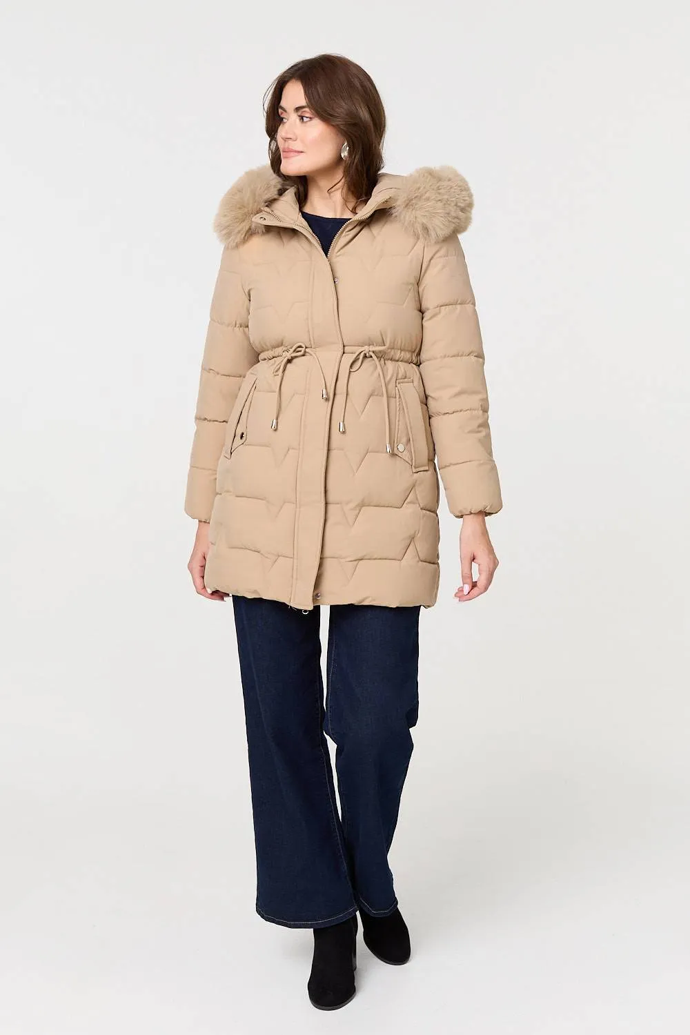 Faux Fur Hooded Tie Waist Puffer Jacket