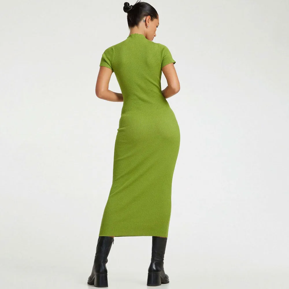 Feminine Lime Green Cut Out Front High Neck Short Sleeve Rib Knit Midi Dress