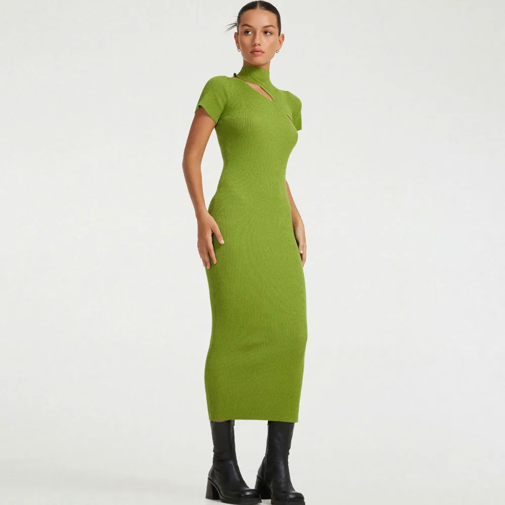 Feminine Lime Green Cut Out Front High Neck Short Sleeve Rib Knit Midi Dress